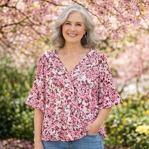 Milano Floral Faux Wrap Flutter Sleeve Blouse‎ Sz L Cherry Blossoms Pink Red
